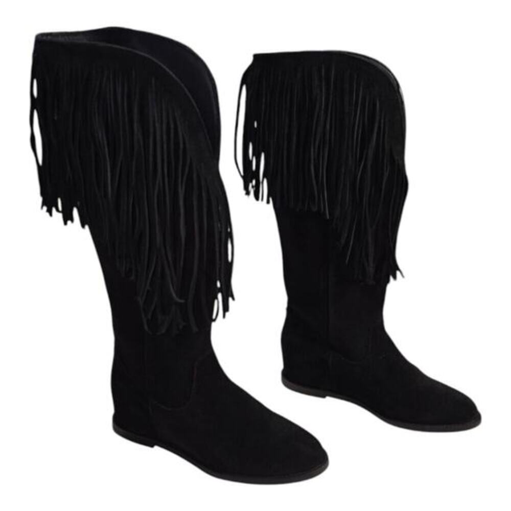 Dingo Black Suede Leather Western Hassie Cowboy Fringe Boots Size 8 New - Picture 2 of 9